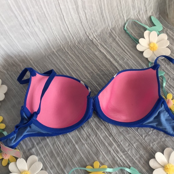 VICTORIAS SECRET PINK womans SZ 32D padded underwire bra blue white pink logo - Picture 6 of 13